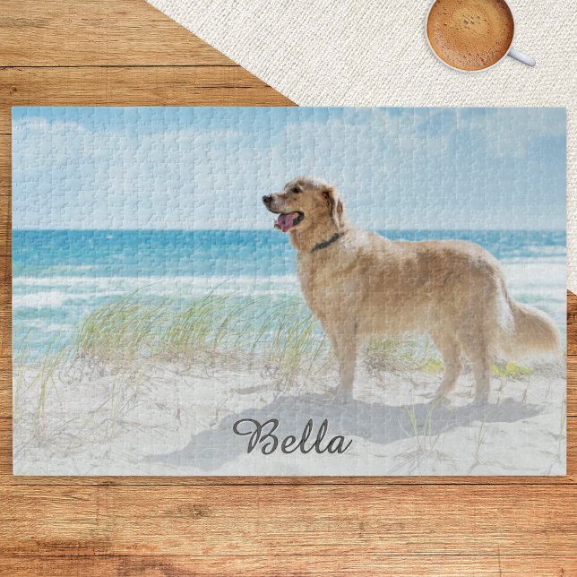 Custom Pet Dog Photo and Script Font Name Puzzle (A personalized jigsaw puzzle featuring one of your favorite dog photos and your pet's name)