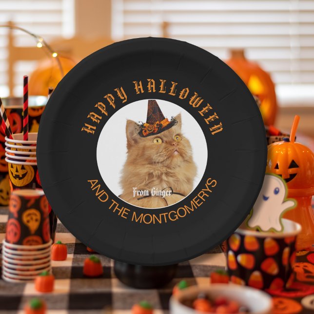 Custom Pet Foto Cat Lover Orange Black Halloween Pappteller (Von Creator hochgeladen)