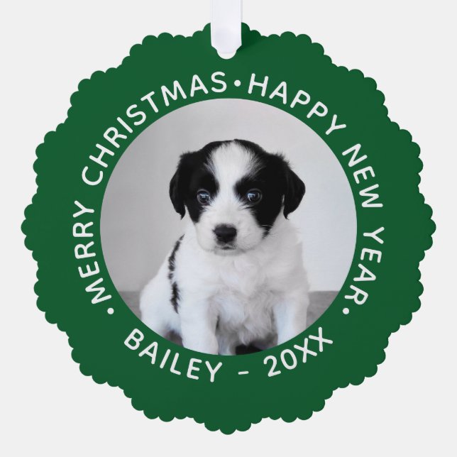 Custom Pet Foto mit dem Namen Green Border Christm Ornament Karte (Vorderseite)
