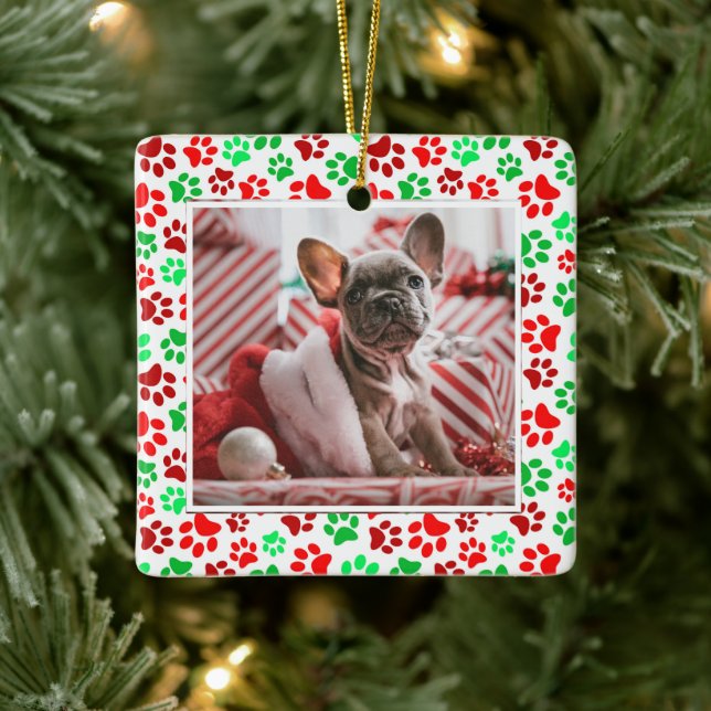 Custom Pet Foto Red Green Paw Weihnachten drucken Keramikornament (Baum)