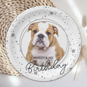 Custom Pet Foto Silver Glitzer Stars Hund Geburtst Pappteller