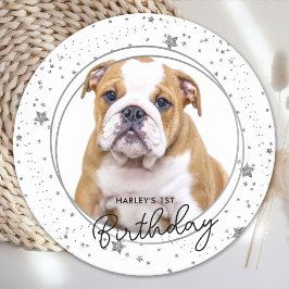 Custom Pet Foto Silver Glitzer Stars Hund Geburtst Runder Pappuntersetzer