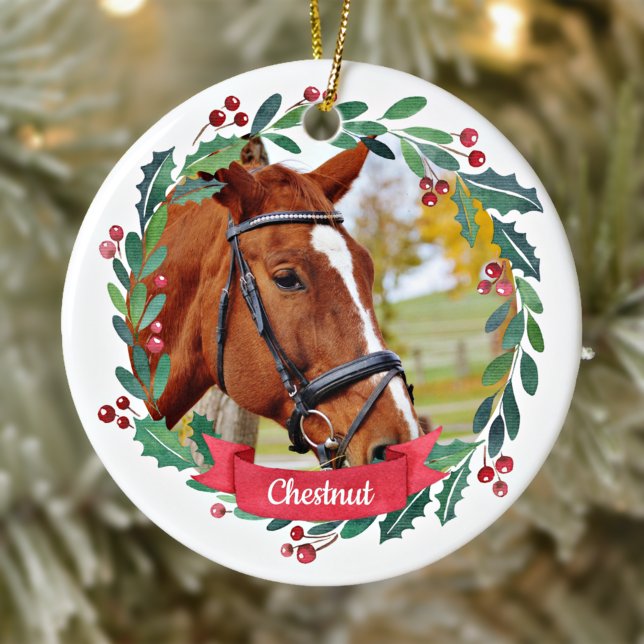 Custom Pet Horse Foto Wasserfarben Kranz Weihnacht Keramik Ornament (Von Creator hochgeladen)