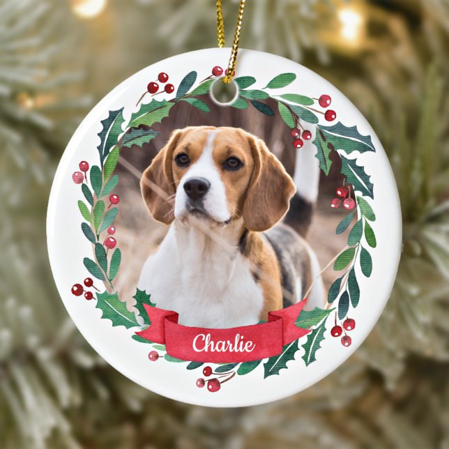 Custom Pet Hund Foto Wasserfarben Kranz Weihnachte Keramik Ornament (Von Creator hochgeladen)
