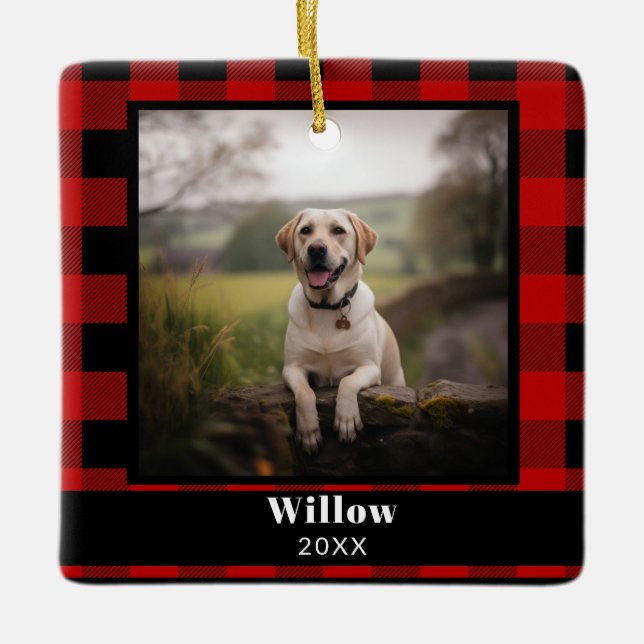 Custom Pet Memorial Foto Buffalo Kariert Keramikornament (Vorderseite)