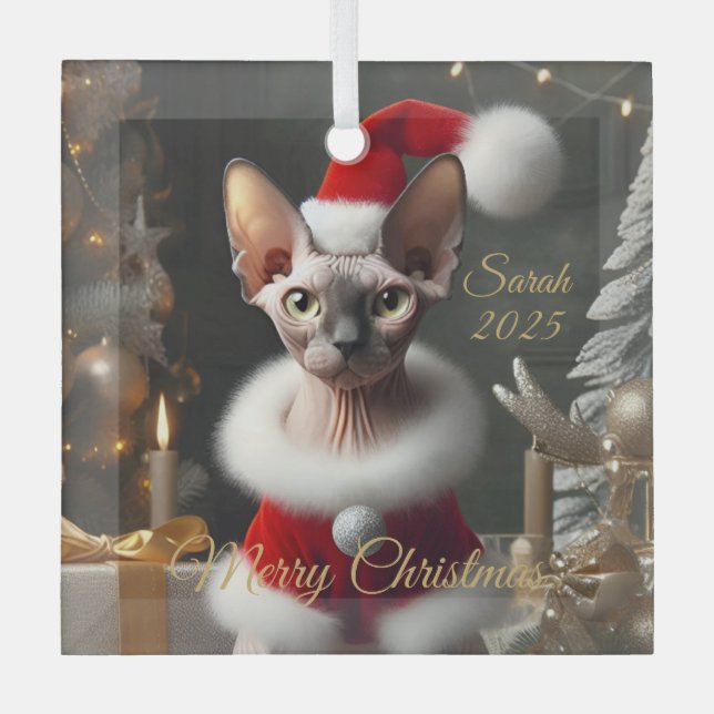 Custom Pet Name Foto Sphynx Cat Christmas 2025 Ornament Aus Glas (Vorderseite)