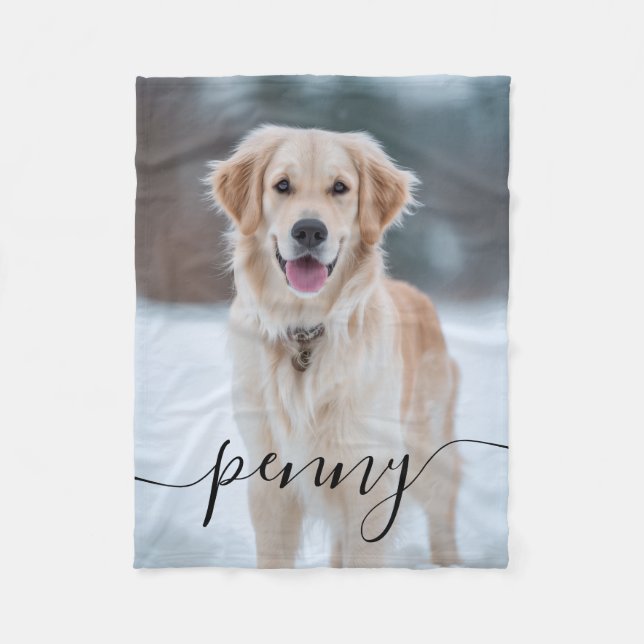 Custom Pet Name Photo Blanket | Elegant Script Dog Fleecedecke (Vorderseite)