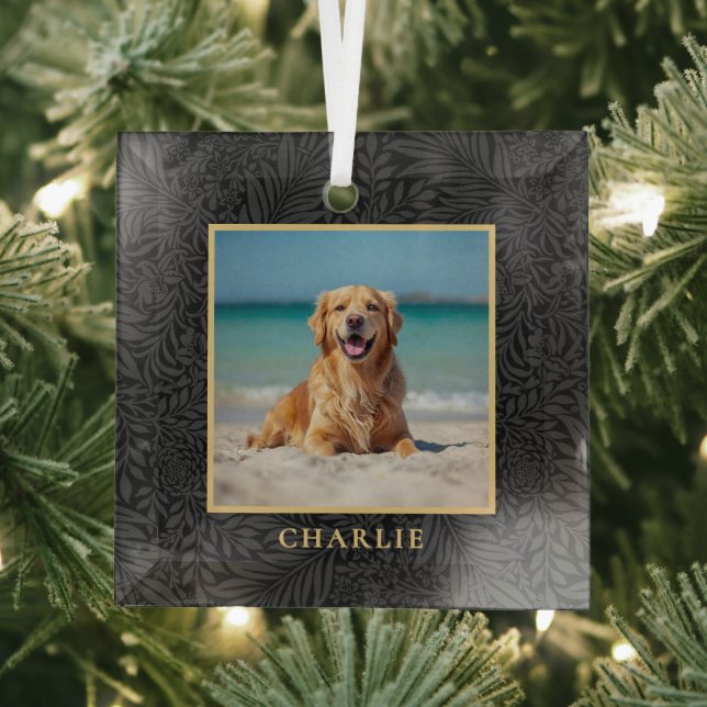 Custom Pet Name Photo Botanical Holiday Ornament Aus Glas (Insitu)
