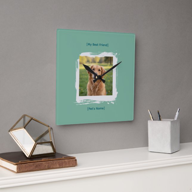 Custom Pet Photo Brushstroke Wall Clock Quadratische Wanduhr (Büro)
