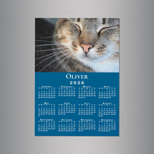 Custom Pet Photo Name 2026 Calendar Blue Magnet (Custom Pet Photo Name 2026 Calendar Blue Magnet in situ)