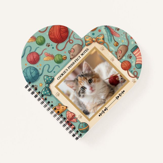 Custom Pet Photo & Name Cute Cat Toy Pattern Noteb Notizbuch (Vorderseite)
