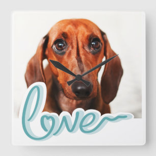 Custom Pet Photo with LOVE in Blue Typography Quadratische Wanduhr