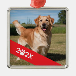 Custom Pet Photo with Year and Paw Ribbon Ornament Aus Metall