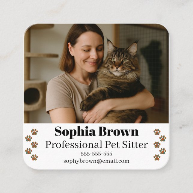Custom Pet Sitter Business Card with Photo  Quadratische Visitenkarte (Vorderseite)