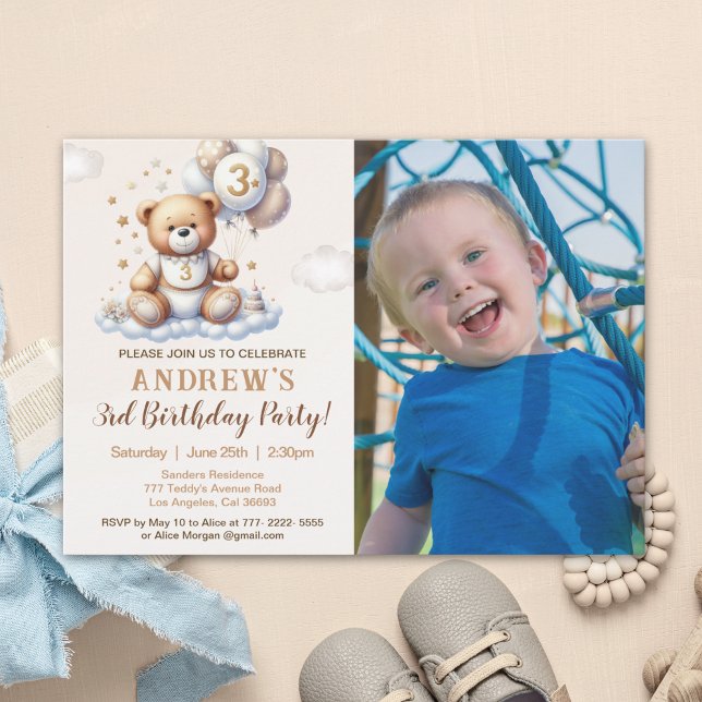 Custom Photo 3rd Birthday Invite – Bear on a Cloud Einladung (Von Creator hochgeladen)