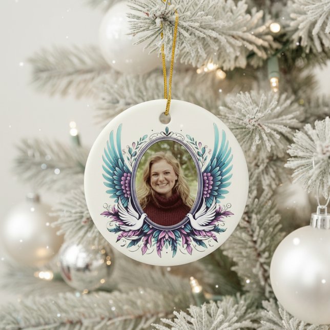 Custom Photo Angel Wings Memorial Keepsake Gift  Keramik Ornament (Personalized Custom Photo Memorial Ornament)