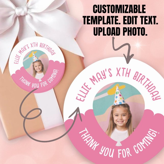 Custom Photo Any Age Thank You Birthday Balloon Runder Aufkleber (Custom Photo Any Age Thank You Birthday Balloon Classic Round Sticker.)
