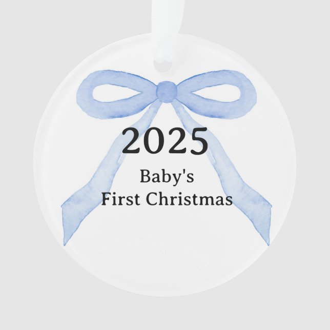 Custom Photo Baby's First Christmas YEAR Blue Bow  Ornament (Vorderseite)
