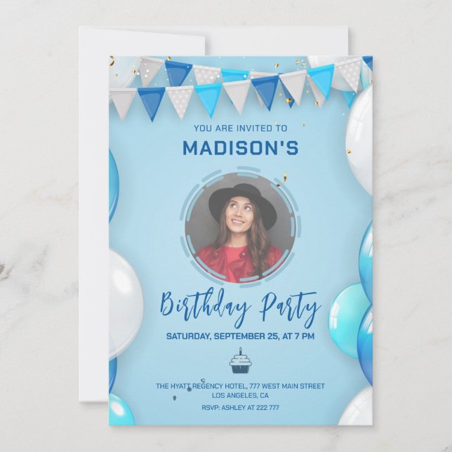Custom Photo Balloons Birthday Invitation Einladung (Vorderseite)
