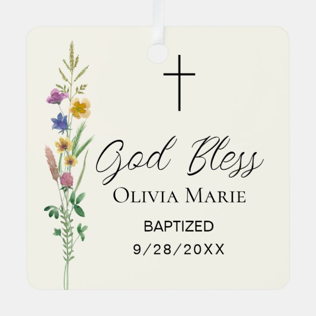 Custom Photo Baptism Wildflower Ceramic Ornament Aus Metall (Vorderseite)