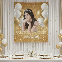 Custom Photo Birthday Backdrop,  gold & white