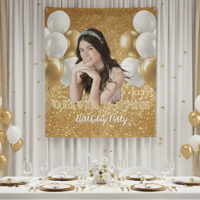 Custom Photo Birthday Backdrop,  gold & white Wandteppich (Von Creator hochgeladen)