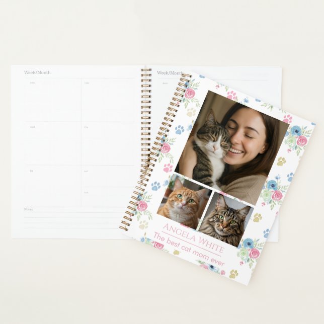 Custom Photo Cat Mom with Watercolor Floral Planer (Anzeige)