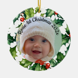 custom photo Christmas holly  ceramic ornament