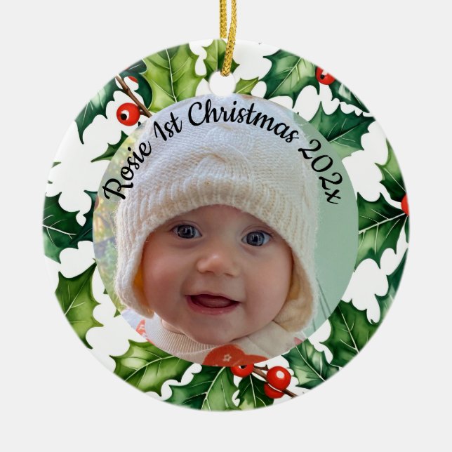 custom photo Christmas holly  ceramic ornament (Vorne)