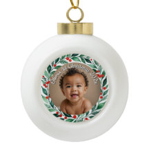 custom photo christmas holly  ceramic ornament