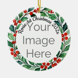 custom photo Christmas holly  ceramic ornament