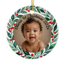 custom photo christmas holly  ceramic ornament