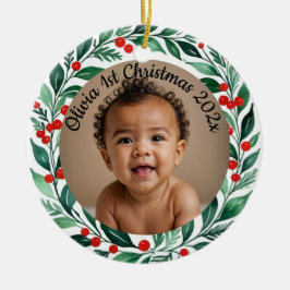 custom photo christmas holly  ceramic ornament