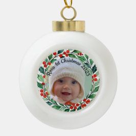 custom photo Christmas holly  ceramic ornament