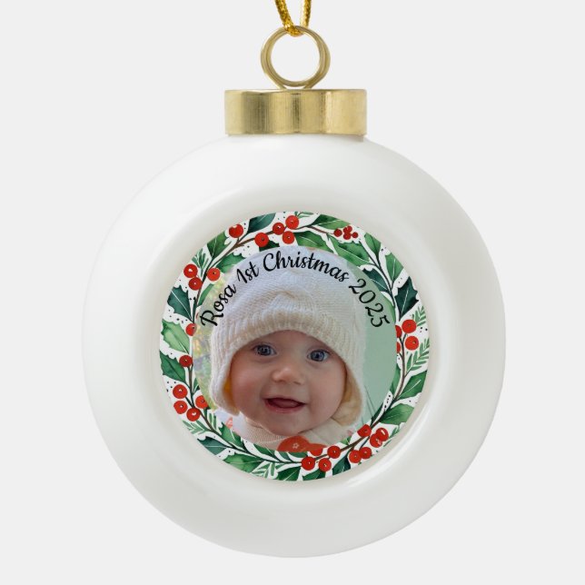 custom photo Christmas holly  ceramic ornament (Vorderseite)