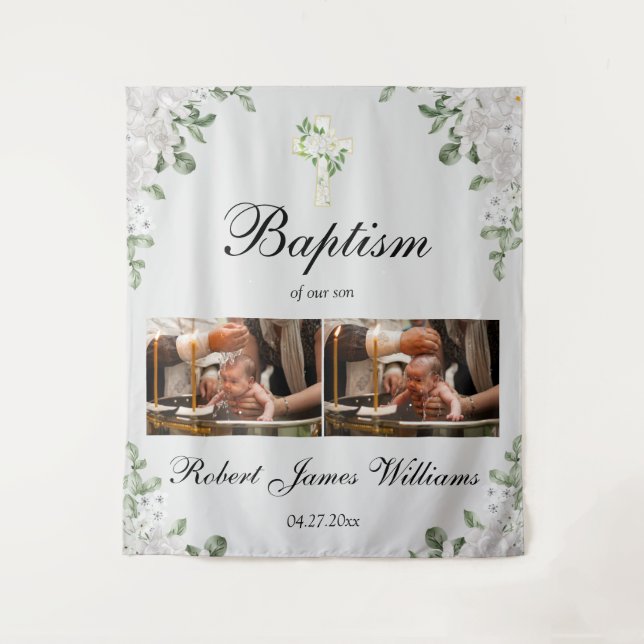 Custom Photo Collage Christening Baptism Backdrop Wandteppich (Vorderseite)