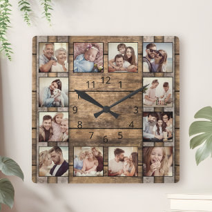 Custom Photo Collage Family Rustic Wooden Barrel Quadratische Wanduhr