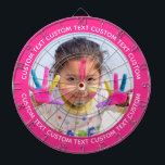 Custom Photo Dartboard & Text - PINK Surround Dartscheibe<br><div class="desc">Custom Photo Dartboard template with personalized text and STRAWBERRY PINK FF2F92 round photo framing surround (other color surrounds available in store). Your face on a dartboard. One click personalize upper and lower text plus replace image, or full customization via Edit Screen. Regulation size with metal frame and 6 brass darts...</div>