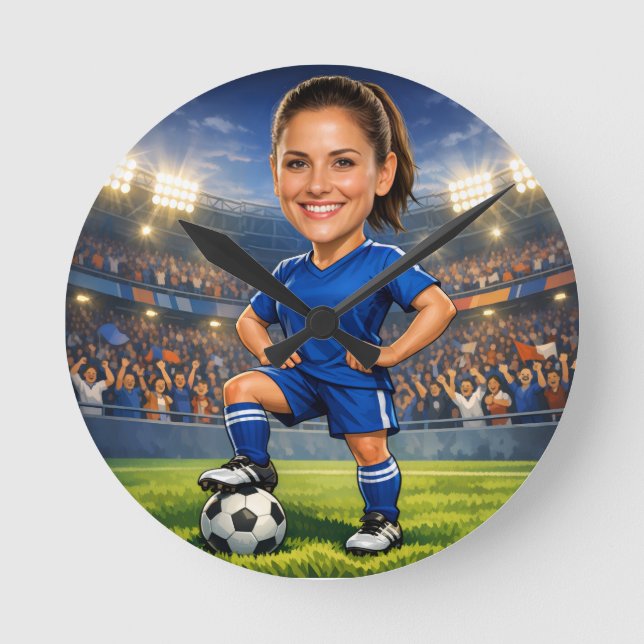 Custom Photo-Face Soccer/Football Star Caricature Runde Wanduhr (Vorderseite)