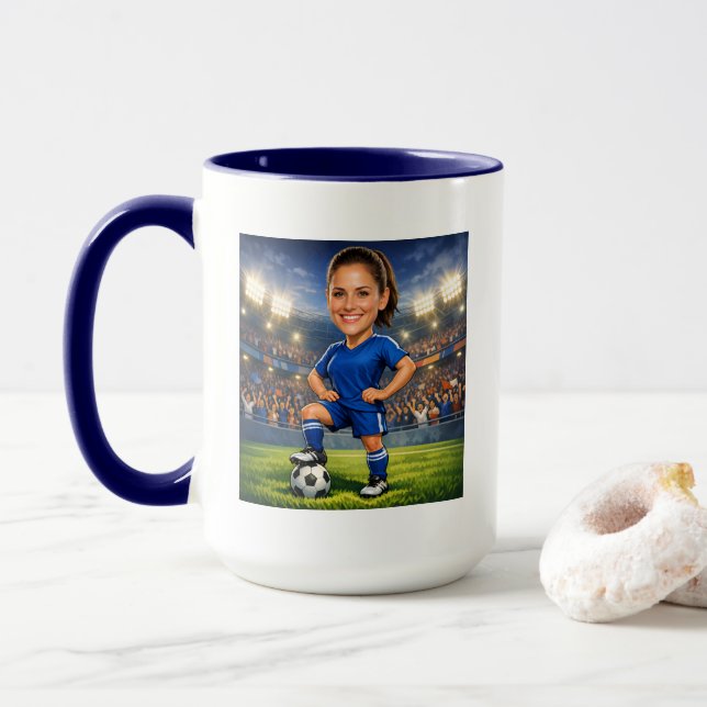 Custom Photo-Face Soccer/Football Star Caricature Tasse (Mit Donut)