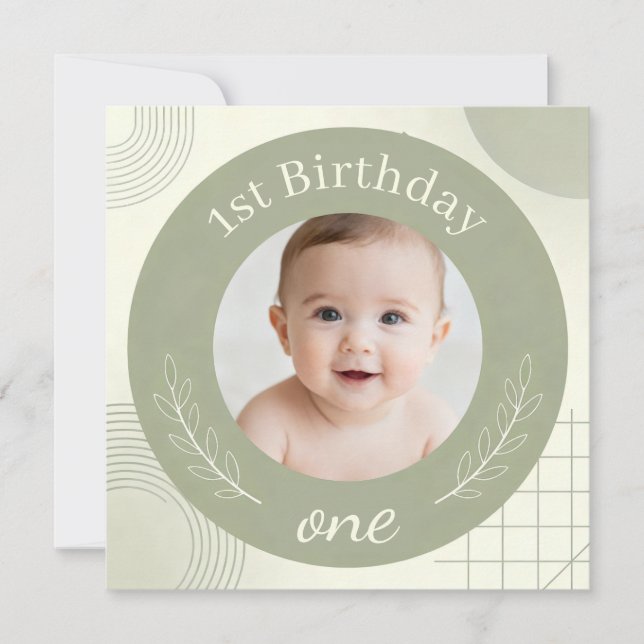 Custom Photo First Birthday - Personalized Sage  Einladung (Vorderseite)