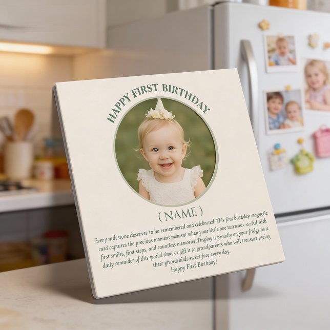 Custom Photo First Birthday Sage Green Thin Magnet (Von Creator hochgeladen)