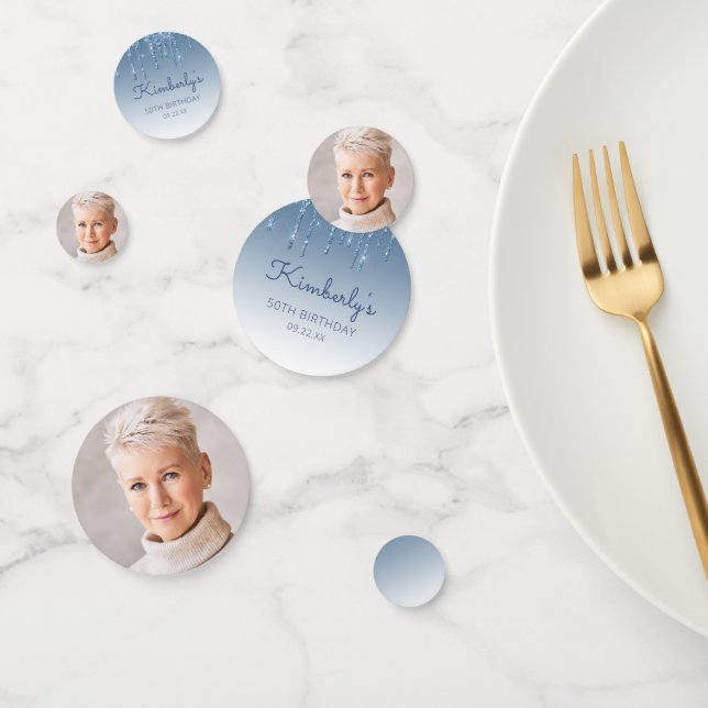 Custom Photo Glam Blue Glitter Drip 50th Birthday Konfetti (Gruppe)