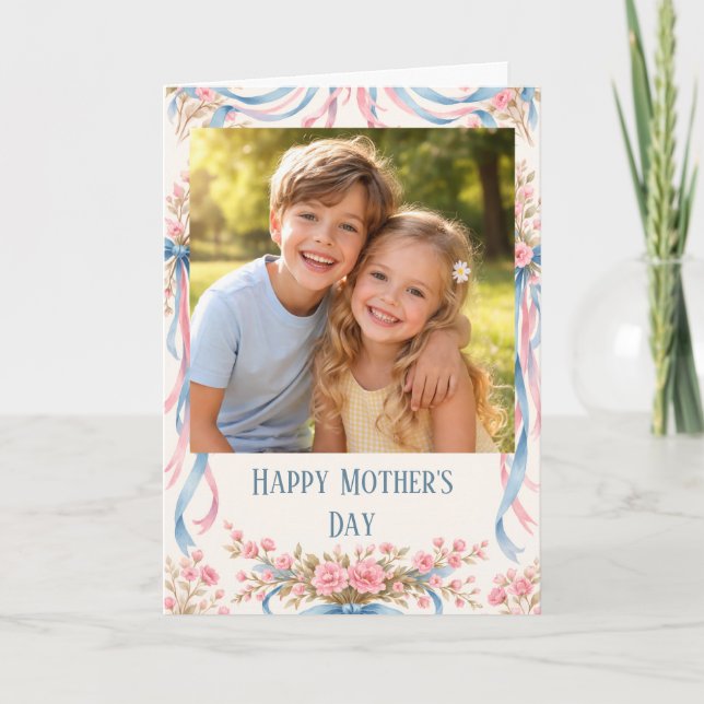 Custom Photo Happy Mother’s Day floral ribbon Karte (Vorderseite)