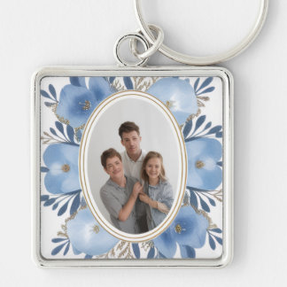“Custom Photo Keychain – Blue Floral Personalized  Schlüsselanhänger