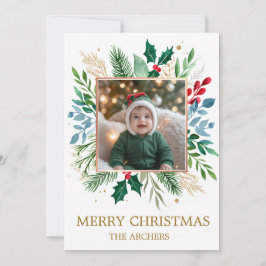 Custom Photo Merry Christmas Watercolor Botanical Feiertagskarte