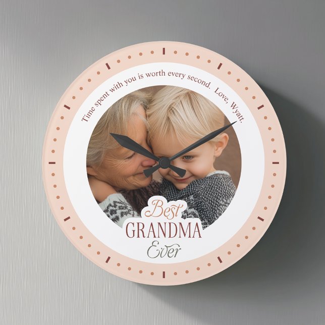 Custom Photo Message Best Grandma Ever Large Clock Große Wanduhr (Von Creator hochgeladen)