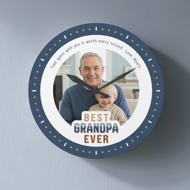 Custom Photo Message Best Grandpa Ever Large Clock Große Wanduhr (Von Creator hochgeladen)