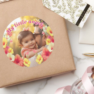 Custom Photo My Little Angel Floral Runder Aufkleber