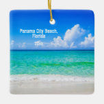 Custom Photo Panama City Beach Shoreline Keramikornament<br><div class="desc">If you've traveled to Panama City, Florida this year, you will want to remember the trip with this unique Christmas keepsake travel souvenir ornament featuring this vibrant photographic image of the turquoise blue waters, white sand beach, rustic beachy typography. Easy to customize with your date of travel on the front...</div>